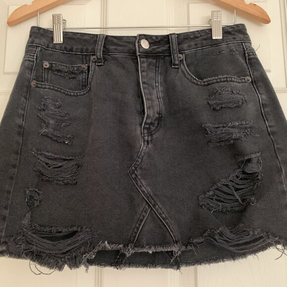 Distressed Black Denim Skirt - Picture 1 of 7